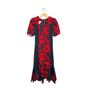 Vintage T&L Muumuu Factory Hawaii Red Hibiscus Floral Midi Dress Womens 3/4